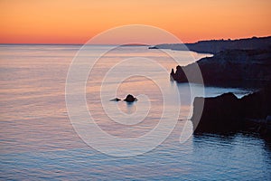 Panoramic view of sea sunset. Nature landscape. Cloudless sky and golden hour, copy space