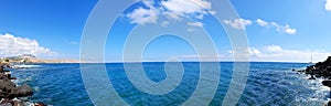 Panoramic view of the seacoast in Santorini, Cycladic islands, Greece.