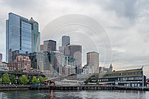 Panoramic view of Seattle Downtown and Aquarium from Pier 62