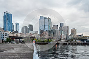 Panoramic view of Seattle Downtown and Aquarium from Pier 62