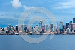 Panoramic view of Seattle Downtown and Space Needle from Puget Sound