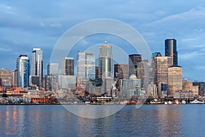 Panoramic view of Seattle Downtown and Space Needle from Puget Sound