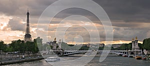 Panoramic view on Seine river and Eiffel Tower.