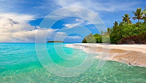 Panoramic view of a serene tropical beach with crystal-clear water and lush palm trees