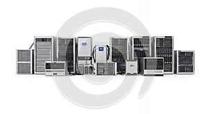 Data Center Server Array with Network Connections on White Background for IT Infrastructure Solutions and Cloud