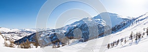 Panoramic view of Sestriere ski resort from above, famous travel destinatio in the Alps, Piedmont, Italy.
