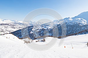 Panoramic view of Sestriere ski resort from above, famous travel destinatio in the Alps, Piedmont, Italy.