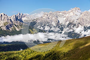 panoramic view of the Sexten dolomites mountains photo