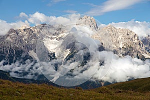 panoramic view of the Sexten dolomites mountains photo