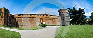 Panoramic view of Sforza Castle Castello Sforzesco in Milan, landmark of Italy