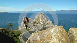 Panoramic view of Shamanka Rock on Olkhon. Cape Burhan.