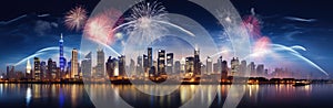 Panoramic view of Shanghai skyline at night with fireworks, China