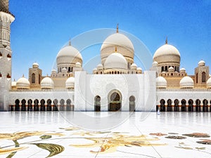 Panoramic view of Sheikh Zayed Grand Mosque, Abu Dhabi, UAE