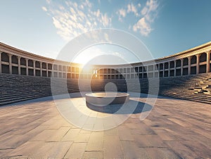 ancient amphitheater, sunlit arena, panoramic view, daytime scene