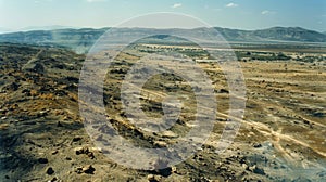 A panoramic view shows an extensive area of dry and dusty land as far as the eye can see. The oppressive heat and lack