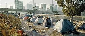 A panoramic view shows a line of tents set against a bustling freeway and distant city skyline, encapsulating urban