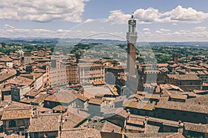 Panoramic view of Siena city with Piazza del Campo and the Torre del Mangia