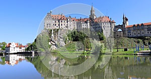 Panoramic view of Sigmaringen castle on side of Danube river
