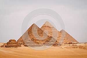 Panoramic view of the six great pyramids of Egypt. Pyramid of Khafre, pyramid of Khufu, and the red pyramid.