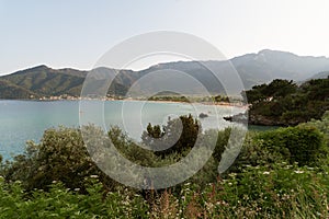 Panoramic view of Skala Potamia and Golden beach, the Aegean sea, travelling, scenic tourist destination, Thassos, Greece