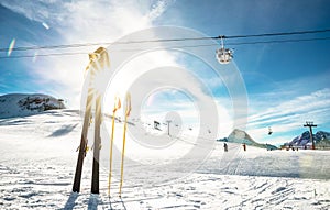 Panoramic view of ski resort and chair lift in french alps