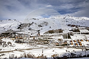 Panoramic view of the ski resort Les Menuires in the French alps in winter