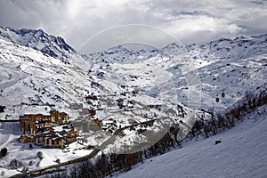 Panoramic view of the ski resort Les Menuires in the French alps in winter