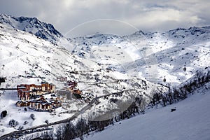 Panoramic view of the ski resort Les Menuires in the French alps in winter