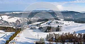 Panoramic view of ski slope in Beskid Sadecki mountains