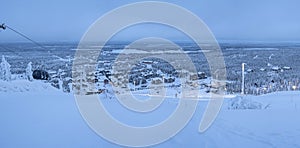 Panoramic view from the ski slope of the village of Levi, Finland,