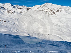 Panoramic view with skier in winter in resort Ladis, Fiss, Serfaus in ski resort in Tyrol