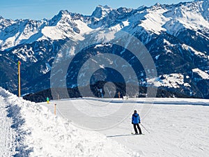 Panoramic view with skier in winter in resort Ladis, Fiss, Serfaus in ski resort in Tyrol