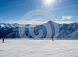 Panoramic view with skier in winter in resort Ladis, Fiss, Serfaus in ski resort in Tyrol