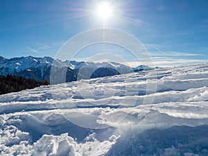 Panoramic view with skier in winter in resort Ladis, Fiss, Serfaus in ski resort in Tyrol