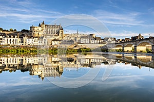 Panoramic view on the skyline of the historic city of Amboise with renaissance chateau across the river Loire. Loire valley, Franc
