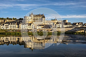 Panoramic view on the skyline of the historic city of Amboise with renaissance chateau across the river. Loire valley, France