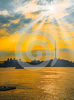 Panoramic view of the skyline under the setting sun in Wuhan