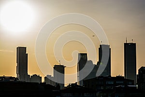 Panoramic view on skyscrapers in European part of city Istanbul, Turkey in sunset