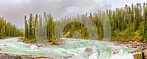 Panoramic view at the small island on the River Sunwapta in Jasper National Park in Canadian Rocky Mountains