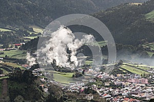 Panoramic view of the small village Furnas with its fumaroles in the Sao Miguel island. Azores, Portugal