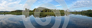 Panoramic view: Snake River reflecting the Rocky Mountains and the sky