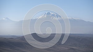 Panoramic view of the snow-capped peak of Mount Ararat in Armenia.