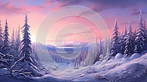 A panoramic view of a snow-covered forest at dusk,