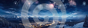 Panoramic view of snow covered mountains and fireworks in the sky