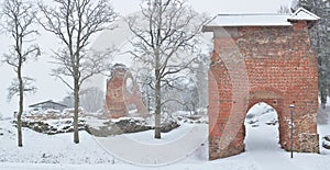 Panoramic view of snowfall in Ruins of the Viljandi Order Castle