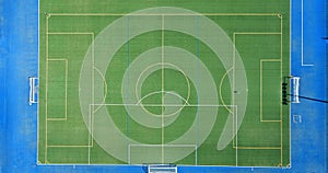 Panoramic view of soccer green grass field top view
