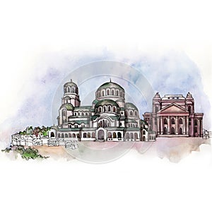 The panoramic view of Sofia watercolor