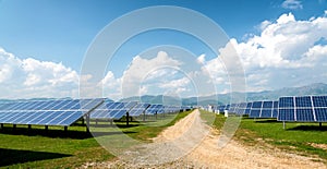 Panoramic view of solar panels, photovoltaics, alternative electricity source