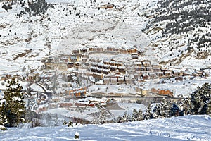 Panoramic view of Soldeu ski resort - El-Tarter in Andorra from a slope in sunny winter day.