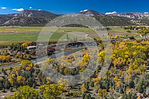 Panoramic view south of Durango Colorado shows elevated view of photo
